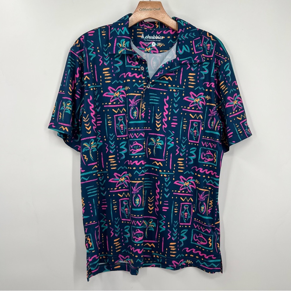 Chubbies Neon Sketch Print Navy Performance Polo Short Sleeve Shirt